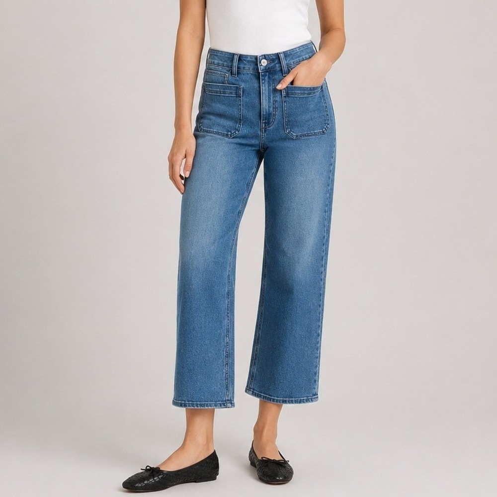 Quince Bella Stretch Patch Pocket Wide Leg Jeans Denim Cropped Seaside 26 Short